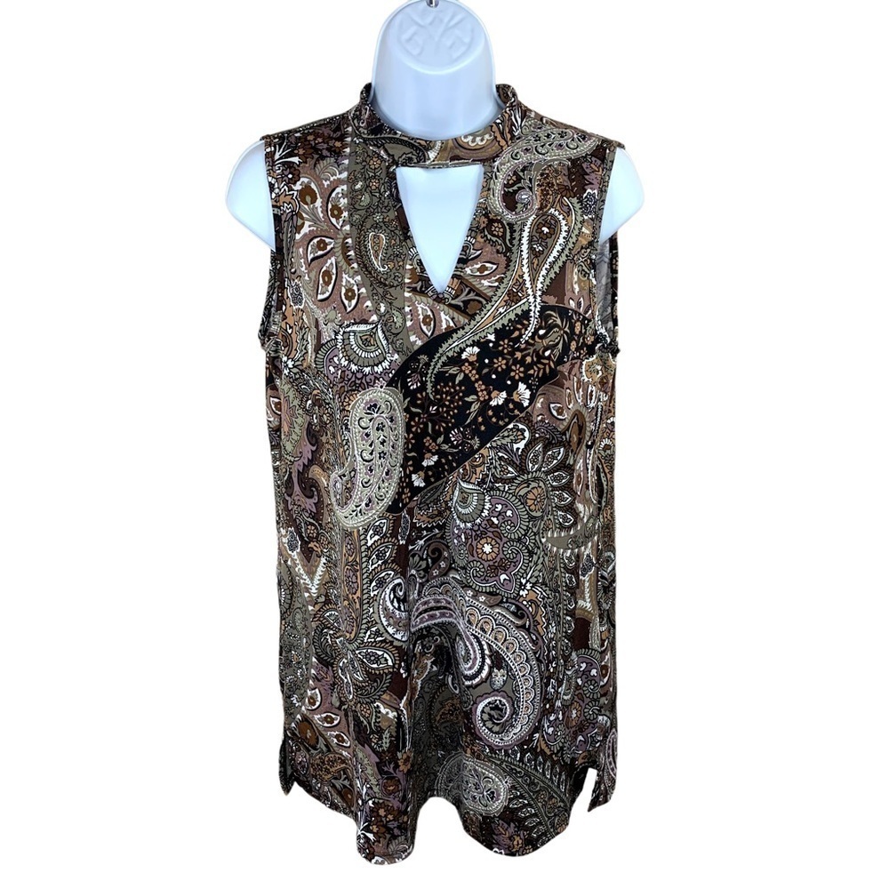 Medium ECI Paisley Sleeveless Blouse Stretch High Collar Keyhole Neckline Boho